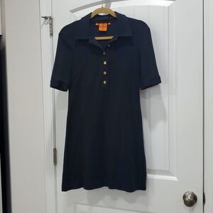 Tory Burch Crepe Polo Dress in Black, Gold Buttons, Size Med
